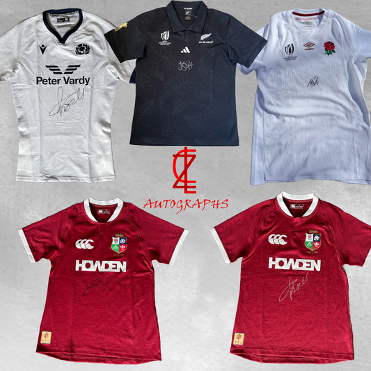 Top 5 signed rugby shirts to collect in 2025. Rugby stadium background with shirt images.”