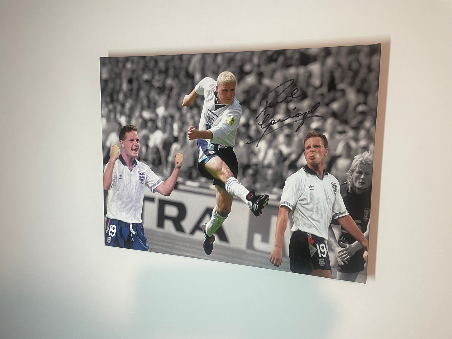 Paul Gascoigne Signed England Football Canvas Montage 16x12