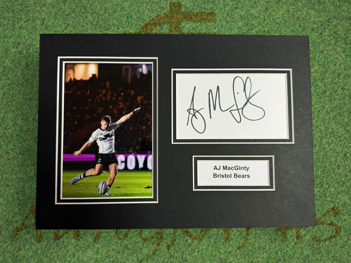 AJ MacGinty Signed A4 White Card Mount - Bristol Bears