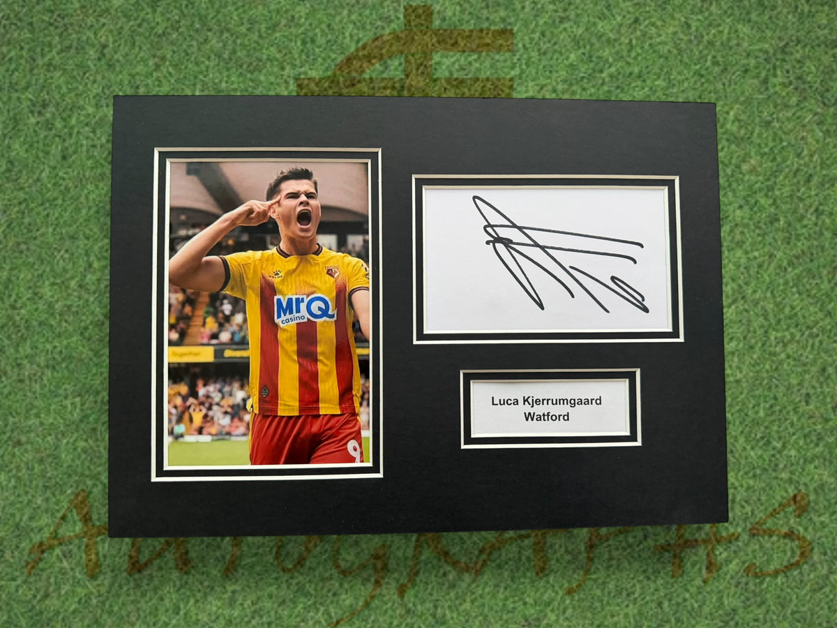 Luca Kjerrumgaard Signed A4 White Card Mount - Watford