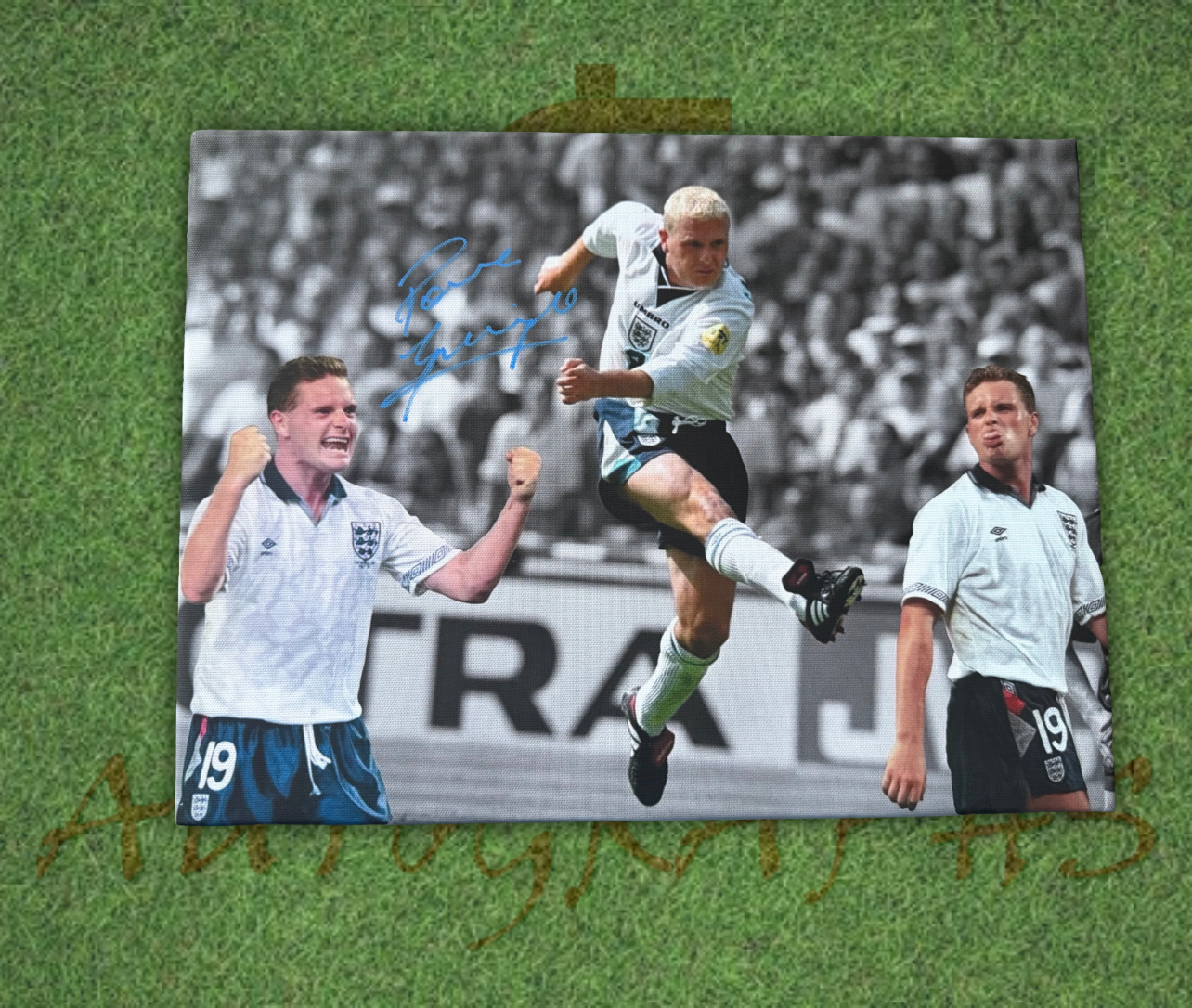 Paul Gascoigne Signed England Football Canvas Montage 16x12 5