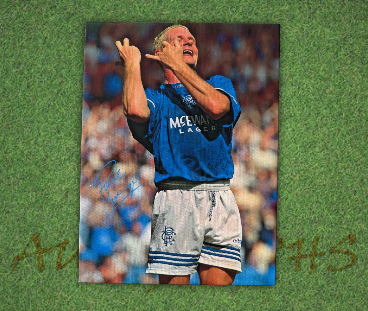 Paul Gascoigne Signed Rangers Flute Football Portrait Canvas 16x12 5