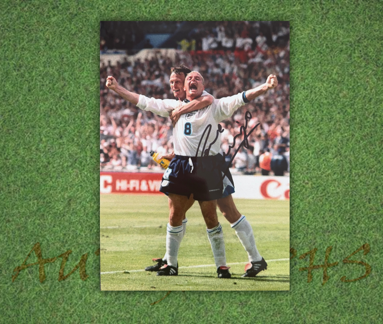 Paul Gazza Gascoigne Signed  England Euro 96 Teddy Sheringham Celebration A4 Photo 1